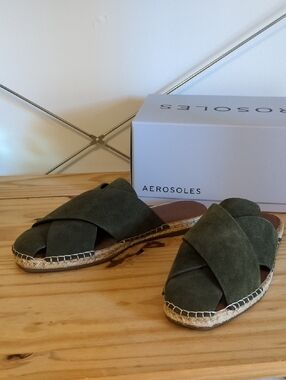 New Aerosoles Espadrille Slide Mule 7 Olive Suede